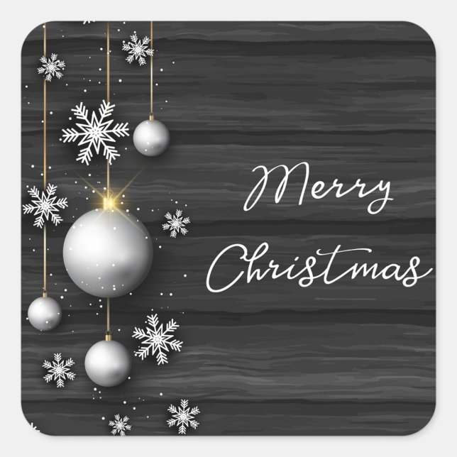 Carré Merry Christmas Sticker (A square Christmas sticker features a dark gray wood-grain background with horizontal lines.)
