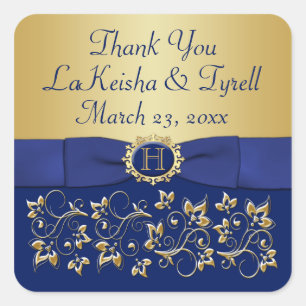 Carré Monogramme bleu, Gold Floral Wedding Favor Sticker