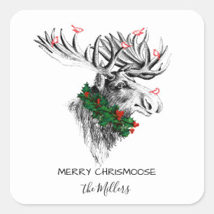 Carré Noël Chrismoose Moose Birds et Holly Sticker