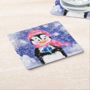 Carré Papier de Noël Dessous de verre bébé pingouin avec