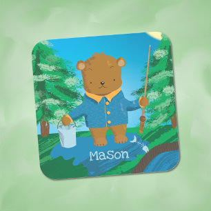 Carré Pêche Brown Ours Kid Blue Green Sticker