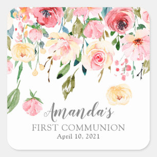 Carré Peonies Rose Floral First Communion Sticker