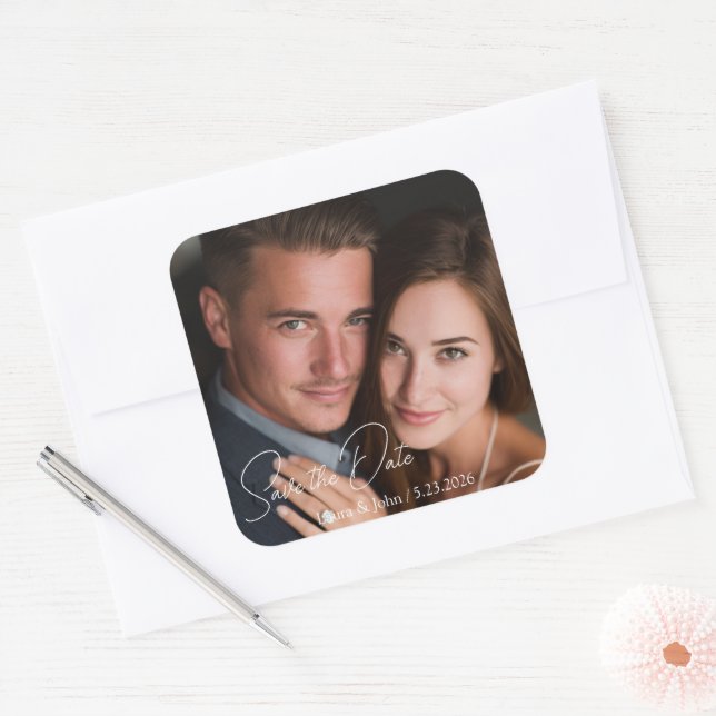 Carré Personalized Photo & Custom Text Wedding Sticker (Enveloppe)