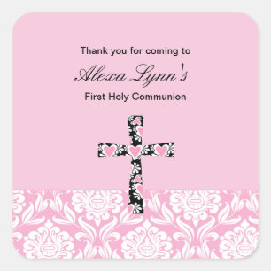 Carré Pink Damask Girls Communion sticker