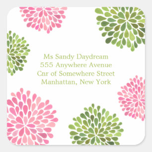 Carré Pink & Green Blooms Adresse Sticker Mariage Seal