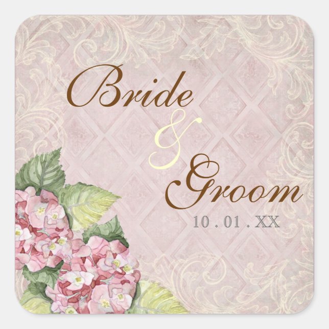 Carré Pink Hydrangea Swirl - Sceau Mariage ou Sticker (Devant)
