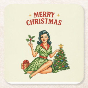 Carré Rétro Joyeux Noël Épinglé Papier Dessous de Verre