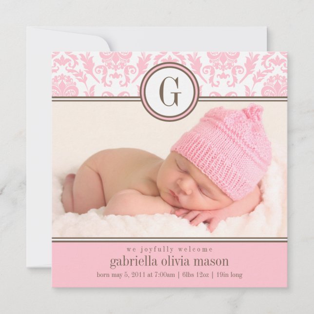 Carré rose Damask | Faire-part de naissance (Devant)