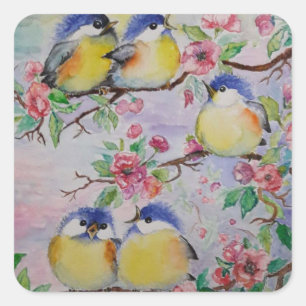 Carré Sparrows Sticker Oiseaux et fleurs - Printemps