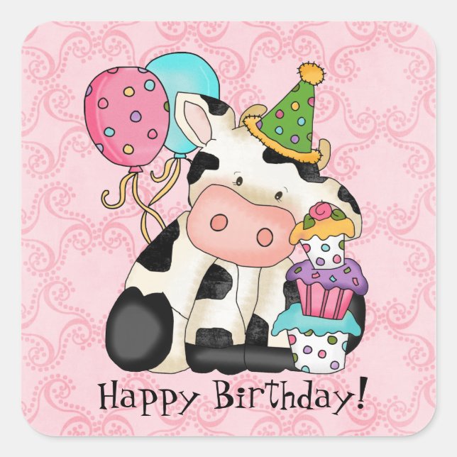Carré Sticker à vaches de fête d'anniversaire (Devant)