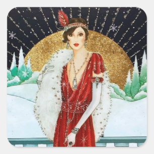 Carré sticker Art déco rétro vintage de Noël dame