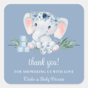 Carré Sticker Baby shower Eléphant Floral bleu
