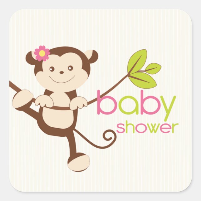 Carré Sticker Baby shower fille singe mignonne (Devant)