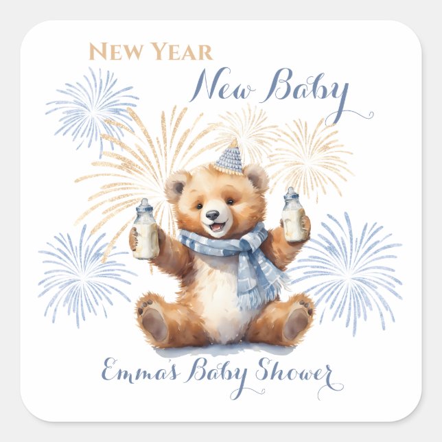Carré Sticker Baby shower pour garçon bleu de la nouvell (Devant)