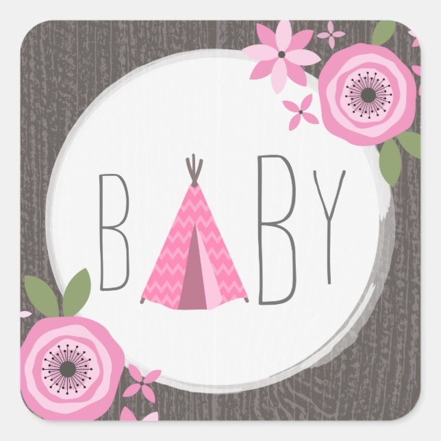 Carré Sticker Baby shower Tipi rose (Devant)