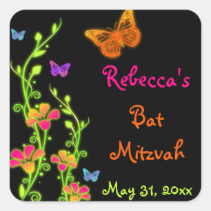 Carré Sticker Bat mitzvah néon papillons et fleurs