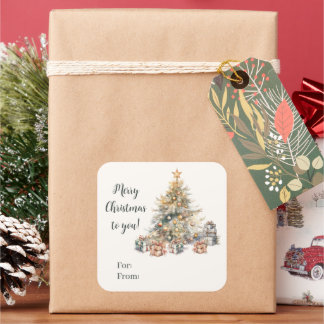 Carré Sticker cadeau Arbre de Noël Aquarelle