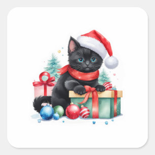 Carré Sticker chat de Noël mignon - Kitty avec présentan