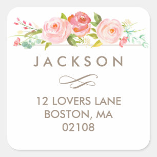 Carré Sticker d'adresse florale du jardin rose