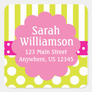 Carré Sticker d'adresse Pois Lime Green Pink Stripes