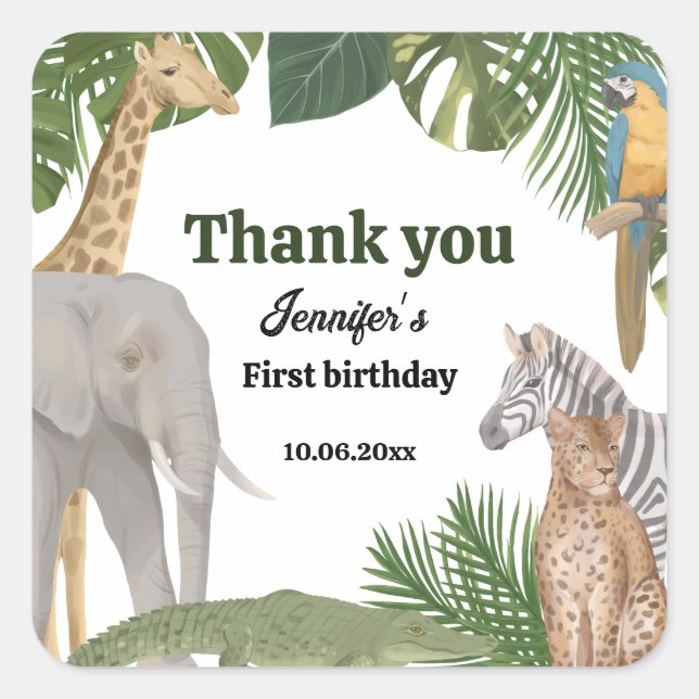Carré Sticker d'anniversaire Wild One Safari tropical (Devant)