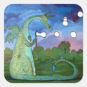 Carré Sticker d'art Dragon Whimsical soufflant des bulle