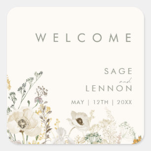 Carré Sticker de bienvenue pour Mariage ivoire Fleur sau