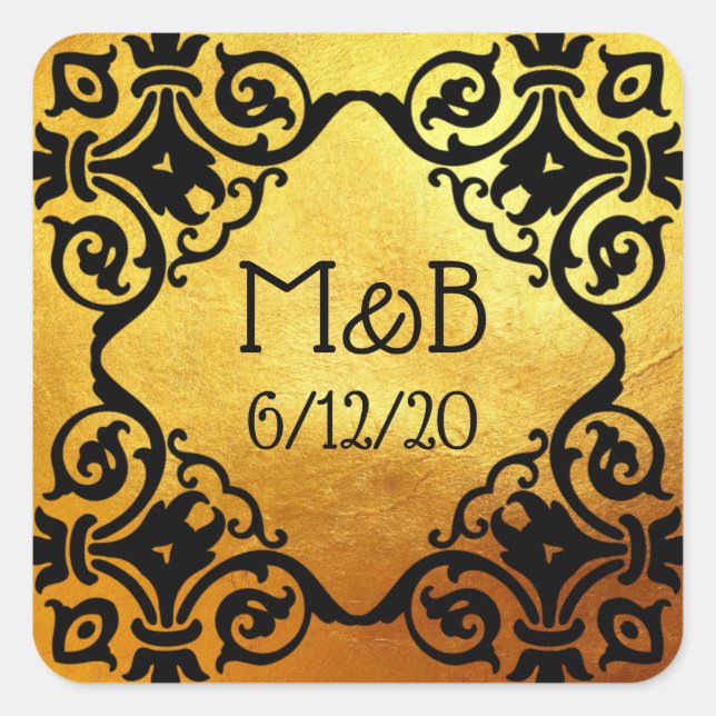 Carré Sticker de date initiale du Mariage Gold personnal (Devant)