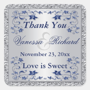Carré Sticker de mariage favori Marine Blue Silver FAUX 