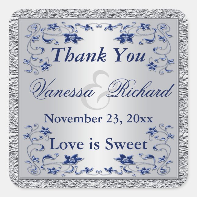 Carré Sticker de mariage favori Marine Blue Silver FAUX  (Devant)