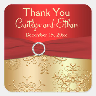 Carré Sticker de mariage favori Red et Gold Snowflakes