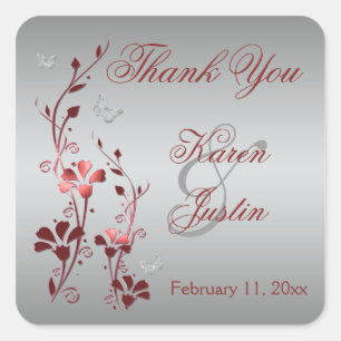 Carré Sticker de mariage floral rouge et argent Favor