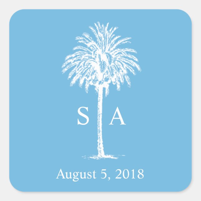 Carré Sticker de mariage Monogram White Palm Tree Beach (Devant)
