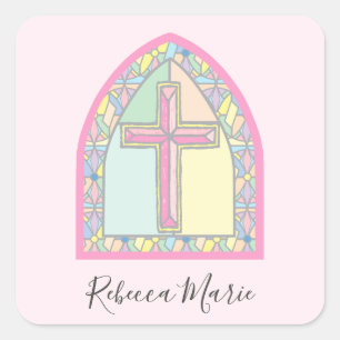 Carré Sticker de première communion en verre rose
