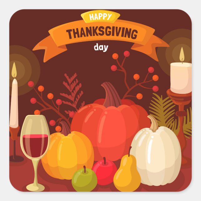 Carré Sticker de Thanksgiving (Illustration of a Thanksgiving Day still life with pumpkins, fruits, and candles. )