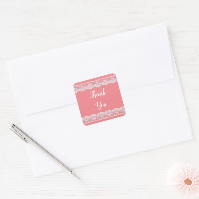 Carré Sticker en Merci de dentelle rose (Enveloppe)