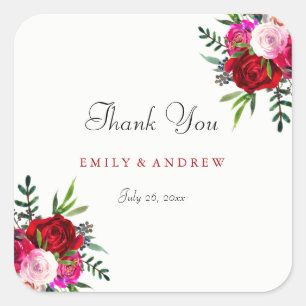 Carré Sticker en Merci Mariage romantique Rose rouge