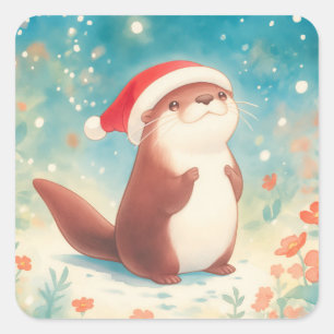 Carré Sticker en Otter de Noël mignon avec Santa Hat