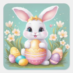 Carré Sticker floral moelleux lapin de Pâques aux couleu