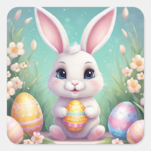 Carré Sticker floral moelleux lapin de Pâques aux couleu