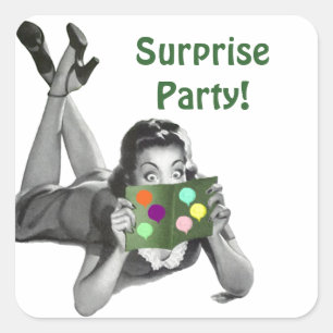 Carré Sticker Fun Retro Lady Reading Card Surprise Party
