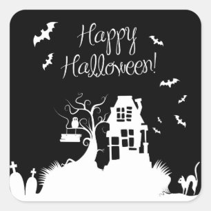Carré Sticker Halloween Maison noire et blanche