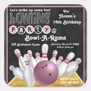 Carré Sticker Invitation de la partie de Bowling rose