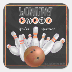 Carré Sticker Invitation tendance Orange Bowling Party