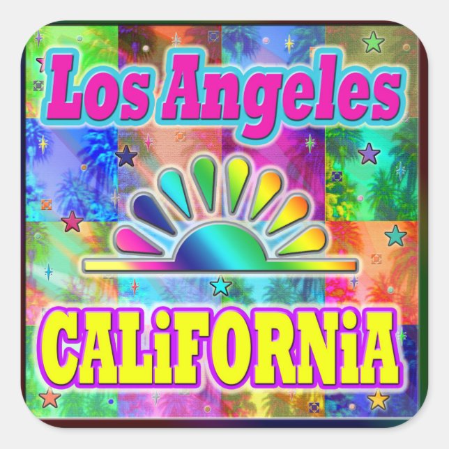 Carré Sticker Los Angeles CA Sun & Palms (Devant)