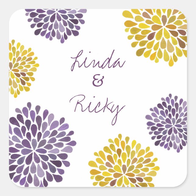 Carré Sticker Mariage à fleurs violettes et jaunes (Devant)