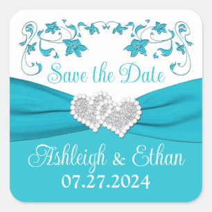 Carré Sticker Mariage de Coeurs d'Amour Turquoise, Argen
