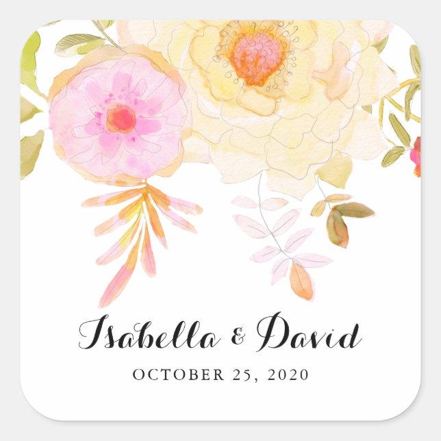 Carré Sticker Mariage de fleurs d'aquarelle jaune et ros (Devant)