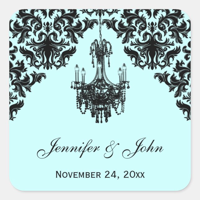 Carré Sticker Mariage de lustre en Damas bleu et noir (Devant)