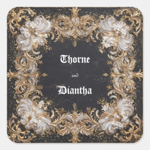Carré Sticker Mariage Floral Noir et Or